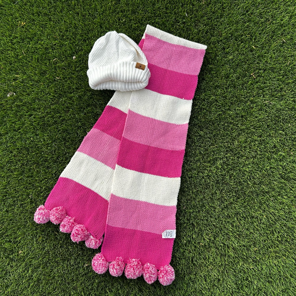 BearPaw | Bundle of Kids' 2T-4T White Beanie & Chidlren’s Place Scarf with Poms